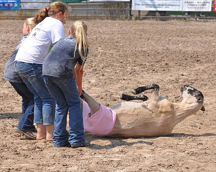 &lt;p&gt;Aspen and Abi Krantz and Ashley Welker drag their lamb across the finish line to win the Under 12 Sheep dressing contest.&lt;/p&gt;