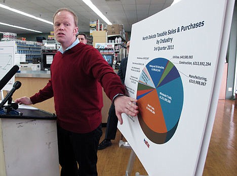 &lt;p&gt;North Dakota Tax Commissioner Cory Fong gestures toward a pie chart detailing the distribution of North Dakota's taxable sales and purchases during July, August and September of 2011, during a news conference at the Kirkwood Ace Hardware store in Bismarck, N.D. North Dakota Tax Commissioner Cory Fong gestures toward a pie chart detailing the distribution of North Dakota's taxable sales and purchases during July, August and September of 2011, during a news conference at the Kirkwood Ace Hardware store in Bismarck, N.D.&lt;/p&gt;