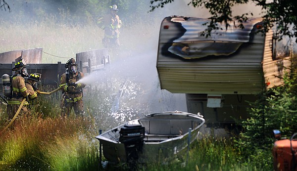 &lt;p&gt;Whitefish firefighters, from left, Capt. Travis Tveidt, Heather
Bellings and Brian Wood battle a fire in a fifth-wheel trailer on
Wednesday afternoon just south of Whitefish. The fire destroyed the
trailer and a nearby car.&lt;/p&gt;