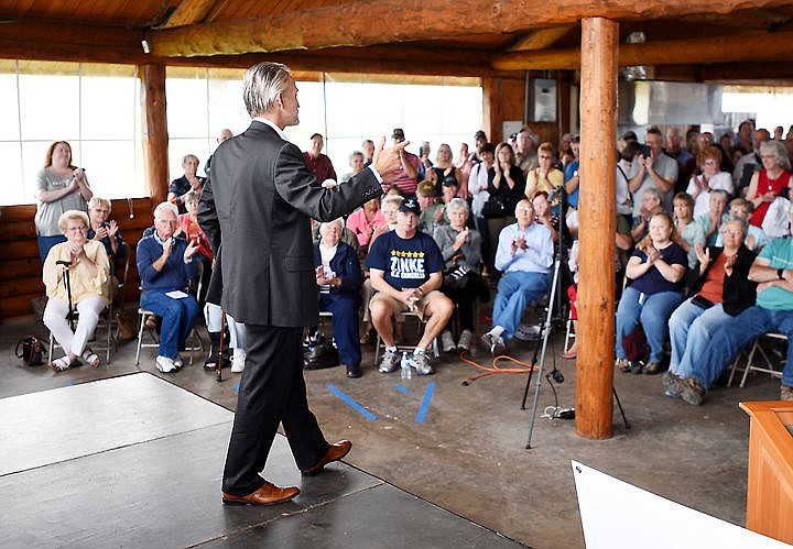 <p>Trey Gowdy discusses the importance of the rule of law as he addresses the crowd gathered for the Zinke/Gowdy grassroots rally on Tuesday afternoon, August 9, in Kalispell. (Brenda Ahearn/Daily Inter Lake)</p>