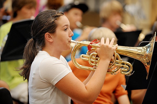 <p>Ashlee Buller, a junior plays the mellophone during band camp on Tuesday, August 7, at Glacier High School.</p>