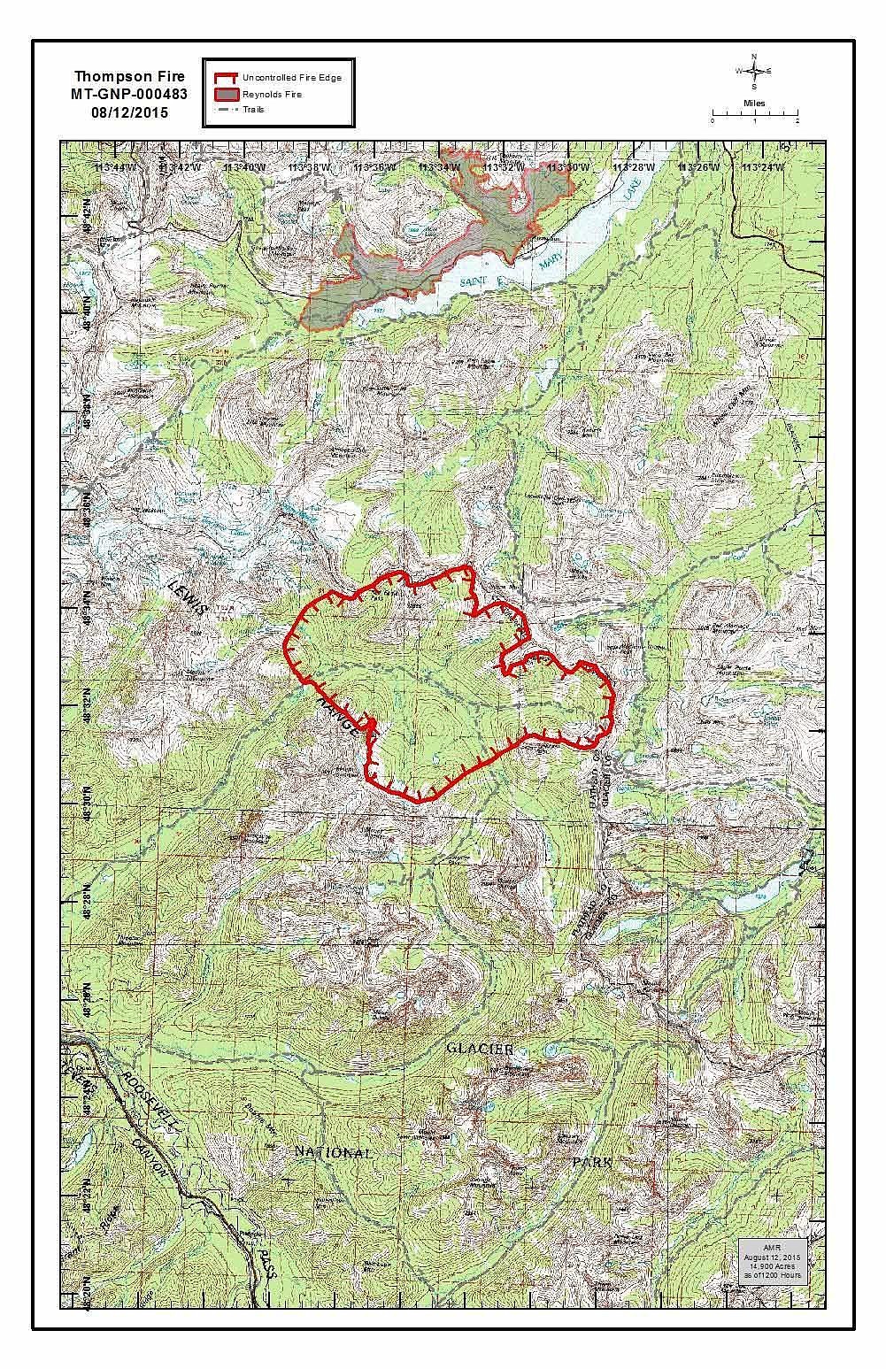 &lt;p&gt;This map shows the area burned by the Thompson Fire in Glacier National Park. As of Aug. 12, the fire had burned 14,900 acres.&lt;/p&gt;