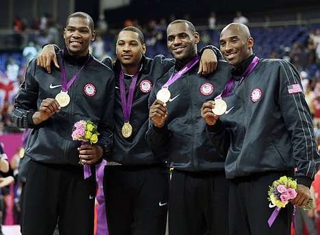 &lt;p&gt;United States' Kevin Durant, Carmelo Anthony, LeBron James and Kobe Bryant celebrate the men's gold medal basketball game at the 2012 Summer Olympics on Sunday in London.&lt;/p&gt;