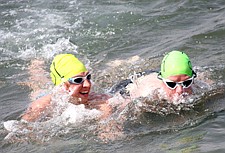 Swimmers meet up during the race during Water Daze last Saturday in Polson.