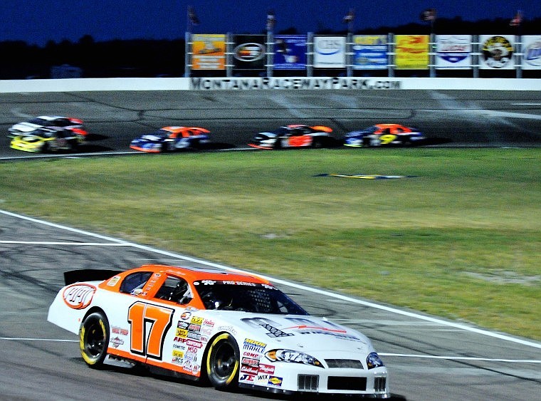 David Mayhew of Atascadero, CA speeds along the track during the NASCAR Rumble in the Rockies K&amp;N Pro Series West Bonus Challenge 150 Saturday evening at Montana Raceway Park.