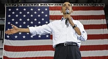 President Barack Obama speaks about health care during a town hall meeting in a hangar at Gallatin Airfield in Belgrade Friday. Photo by Alex Brandon/Associated Press