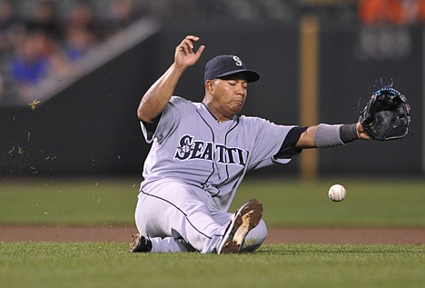&lt;p&gt;Seattle third baseman Jose Lopez is unable to catch a short fly hit by Baltimore's Luke Scott in the 10th inning of Monday's game in Baltimore. The Orioles won 5-4 in 11 innings.&lt;/p&gt;