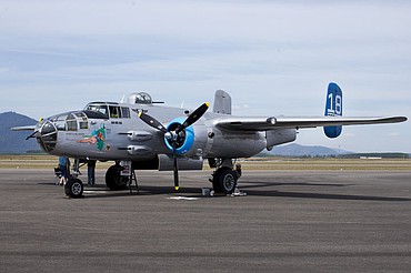 <p>The 1944 "Maid in the Shade" B-25 plane is parked on Thursday at the Coeur d'Alene Airport. With a 67.5 foot wingspan and a length of 52 feet, 11 inches, the war plane has a top speed of 275 miles-per-hour and can carry a crew of six.</p>