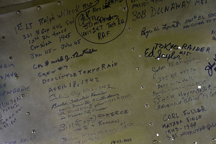 &lt;p&gt;The signatures of men who flew missions in the &quot;Maid in the Shade&quot; are still on the inside of the bomb bay of the warplane. The 1944 &quot;Maid in the Shade&quot; B-25 war plane is parked at the Coeur d'Alene Airport on Thursday, Aug. 18, 2016, where it'll be throughout the weekend. With a 67.5 foot wingspan and a length of 52 feet, 11 inches, the war plane has a top speed of 275 miles-per-hour and can carry a crew of six. The plane flew 15 combat missions over Italy in late 1944, mostly targeting railway bridges.&lt;/p&gt;