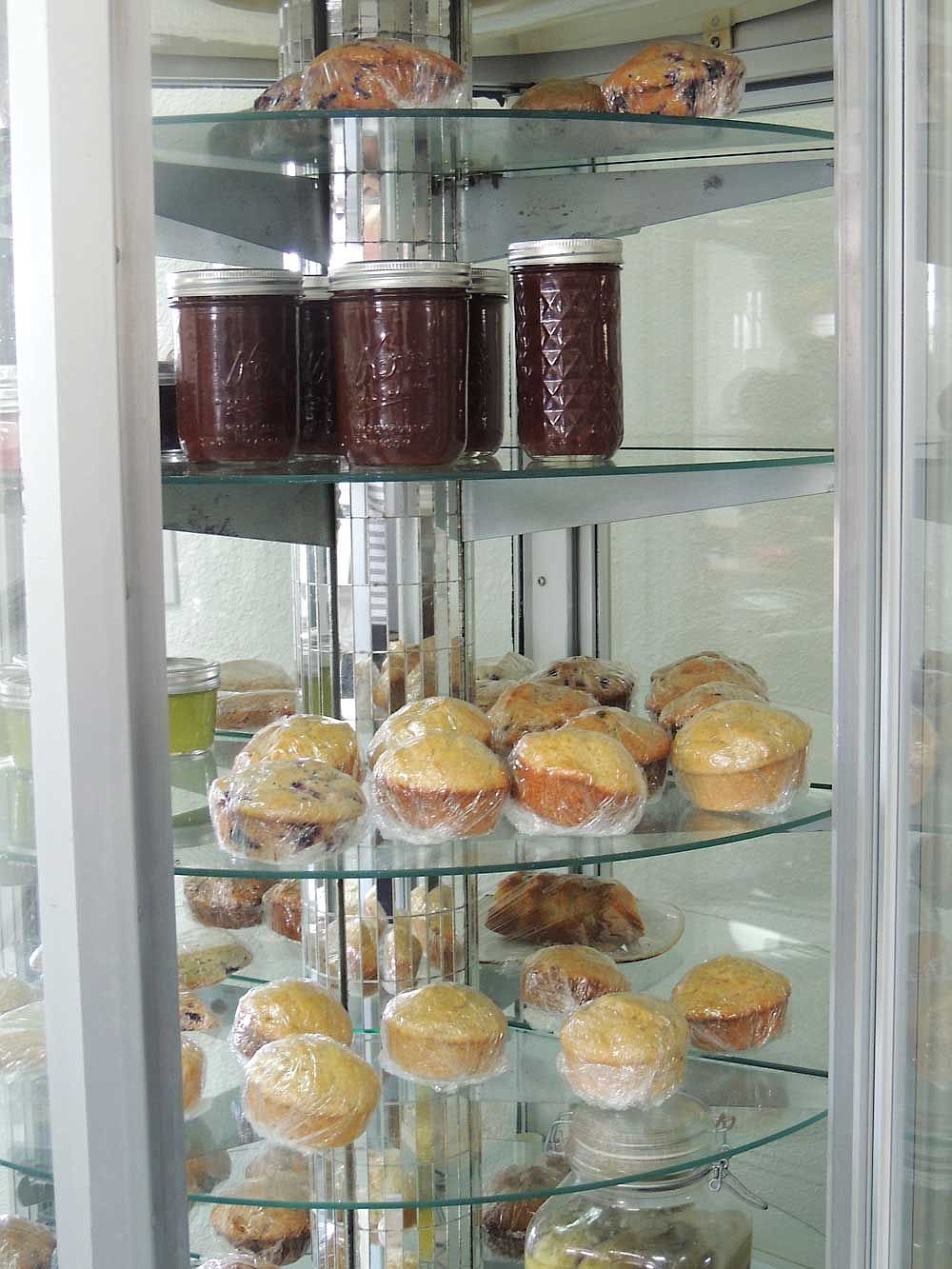 Judy's take-home products in a glass display case near the restaurant entrance.