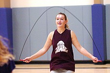 Emyli Gillingham jumps rope during Charlo volleyball's first practice.