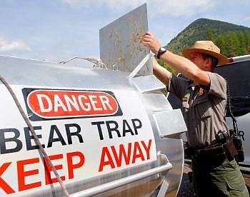 Glacier National Park Ranger Gary Moses puts a divider back into place after watering down a grizzly bear cub inside a bear trap Tuesday afternoon. The cub was captured near Oldman Lake after rangers shot the cub's mother. Nate Chute photos/Daily Inter Lake