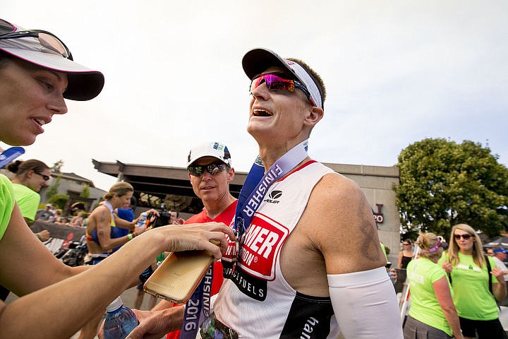 &lt;p&gt;JAKE PARRISH/Press Coeur d'Alene's Joel Kinnunen smiles in victory after being the first local finisher in the 13th annual Ironman Coeur d'Alene. Kinnunen finished in ten hours, 22 minutes and 16 seconds.&lt;/p&gt;