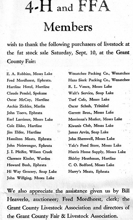 4-H and FFA members offer thanks for buyers at the fat-stock
sale at the 1949 Grant County Fair.