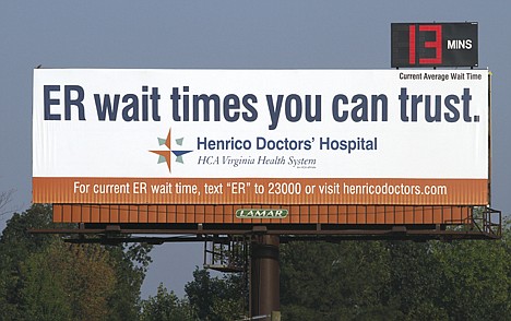 &lt;p&gt;A billboard advertising emergency room wait times is seen along Interstate 64 near downtown Richmond, Va., Friday, Aug. 20, 2010. ER visits hit a new high of more than 123 million in 2008, up from 117 million a year earlier, says preliminary data released this month by the Centers for Disease Control and Prevention. Online, via text message or flashing on a billboard, some emergency rooms are advertising how long the dreaded wait for care will be, with estimates updated every few minutes.&lt;/p&gt;