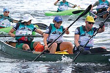 Team GOALS ARA 2 digs in to reach open water during the chaos of the paddle prologue that took teams down the headwaters of the Connecticut River.