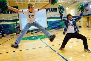 Glacier High School Student Body President John Patrick and Vice President Cory Markellis lead freshmen in cheers during an assembly Wednesday afternoon during the students' first day of high school. Nate Chute photos/Daily Inter Lake