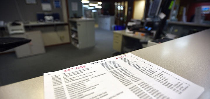 <p>The Jobs Board at Job Services in Kalispell has been replaced with a daily print out. The print out for Thursday, August 25, had 1087 openings available. (Brenda Ahearn/Daily Inter Lake)</p>