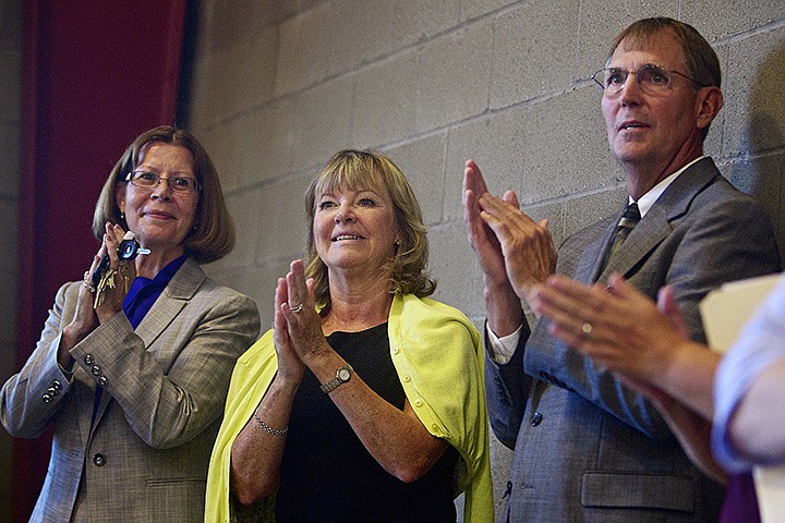 &lt;p&gt;In this 2012 file photo, former Coeur d'Alene School District Superintendent Hazel Bauman is flanked by Lakeland School District Superintendent Mary Ann Ranells, and Post Falls Superintendent Jerry Keane, as they applaud the Meyer family for their participation in the KTEC project.&#160;&lt;/p&gt;