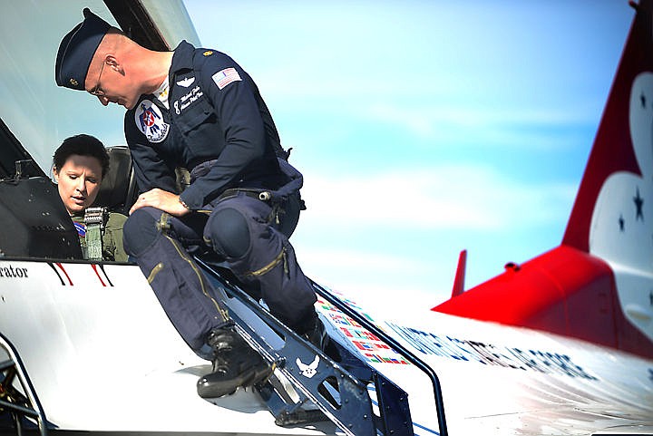 &lt;p&gt;Thunderbird 8, Maj. Michael Fisher, instructs Inter Lake reporter Hilary Matheson before take-off on Friday.&lt;/p&gt;