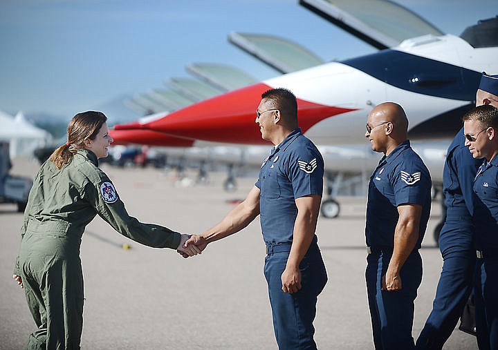 &lt;p&gt;Matheson meets the flight crew before her Thunderbird flight Friday morning.&lt;/p&gt;