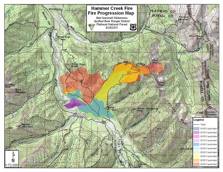 &lt;p&gt;This map shows the patterns of growth of the Hammer Creek Fire
in the Bob Marshall Wilderness. The fire, currently at 5,100 acres,
tripled its size in the past week. The fire was ignited by
lightning on Aug. 8.&lt;/p&gt;