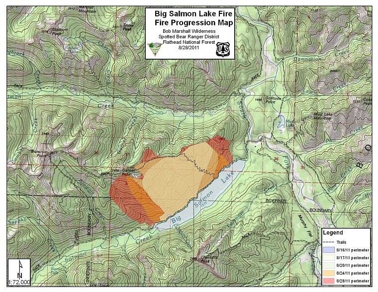 &lt;p&gt;This map shows the progression of the Big Salmon Lake Fire in
the Bob Marshall Wilderness. The fire has covered 4,100 acres since
it was started Aug. 16 by people.&lt;/p&gt;