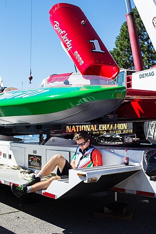 &lt;p&gt;Crew member of the Oh Boy! Oberto racing team, Lee Hooton, sits below the team's hydroplane Saturday before the start of the Diamond Cup races.&lt;/p&gt;