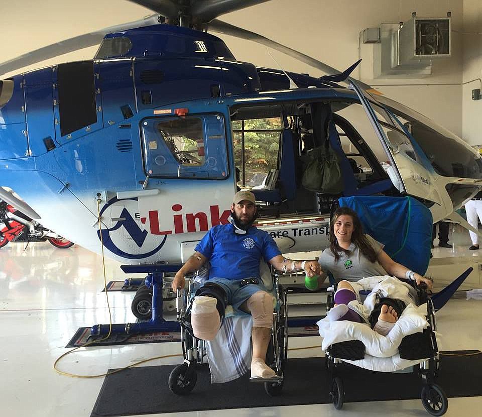 &lt;p&gt;Rathdrum&#146;s Don and Barbara Adams were involved in a head-on collision in Oregon on June 19. They hope to return home on Sept. 12. Their 10-year-old daughter, Amber, died in the crash. Here the couple is shown in front of the rescue helicopter that air-lifted Barbara to a Bend hospital. Don&#146;s right leg is extended outward and did not have to be amputated as feared in the emergency room.&lt;/p&gt;