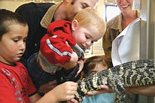 Youngster Doran, 8, Ayden, 22 months and Amber, 4, get to touch a real, live alligator during the South Shore Veterinary Clinic's second annual Pet Fair last Saturday.