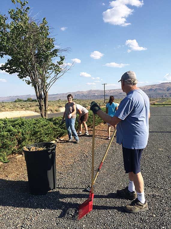Jim Hill, Sharon Chesterman, Cathy Potter, and Kassandra Salas work to remove weeds and debris from in front of the Community Center grounds.