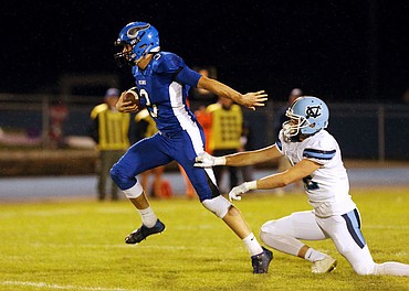 <p>LOREN BENOIT/Press Coeur d'Alene and Central Valley High Schools faceoff on the gridiron under the lights on Friday, Sept. 2, 2016 at Viking Stadium. CHS emerged victorious with a 48-11 win. To purchase photos, please visit www.cdapress.com/photos</p>