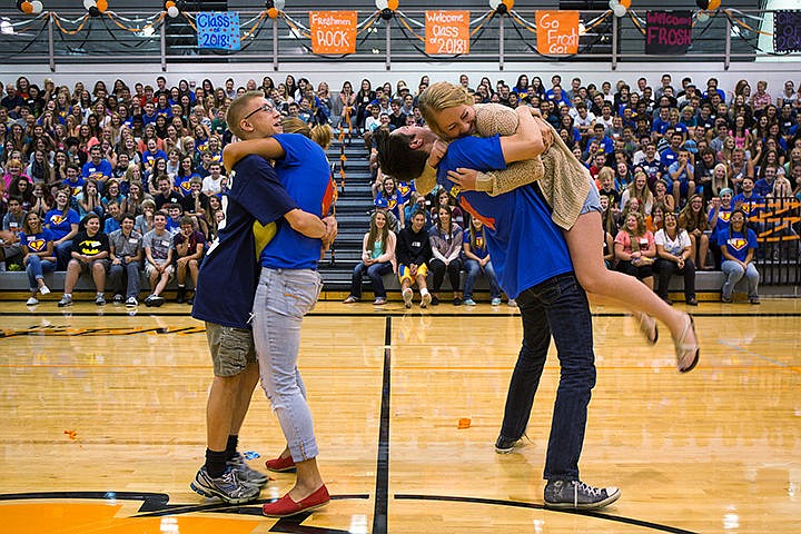 &lt;p&gt;TESS FREEMAN/Press&lt;/p&gt;&lt;p&gt;From left Jared Bellefeuille, Bri Barnhill, Nick Dorsey, and Adi Ceriello&#160;try to pop a balloon on their stomachs by hugging during Post Fall High School&#146;s freshman orientation called LINK on Thursday morning.&lt;/p&gt;