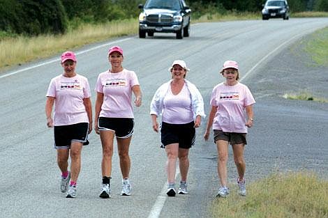 Nick Ianniello/Mineral Independent Montana Lifesavers Jerri Bullock, Muffy Bullock, Connie Lemon and Diane Magone take a walk through Superior last Monday evening to train for a three-day, 60-mile walk in Phoenix, Ariz. to raise money for breast cancer research.