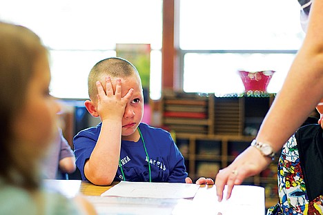 &lt;p&gt;SHAWN GUST/Press Taylor Lomas covers an eye while trying to keep from crying Tuesday as his mother prepares him for his first day of kindergarten at Bryan Elementary School in Coeur d'Alene.&lt;/p&gt;