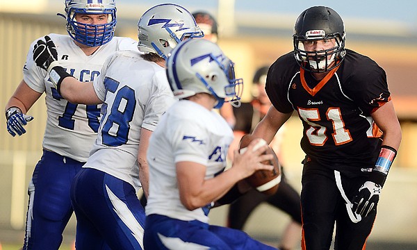 &lt;p&gt;Flathead defensive lineman Dominick Faith puts pressure on Billings Skyview quarterback Gus Schaff during their game on Friday night at Legends Stadium. (Brenda Ahearn/Daily Inter Lake)&lt;/p&gt;