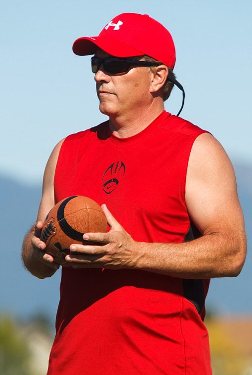 <p>Patrick Cote/Daily Inter Lake Coach Randy Gilpin watches the Somers football team practices Friday afternoon. Friday, Sept. 7, 2012 in Somers, Montana.</p>
