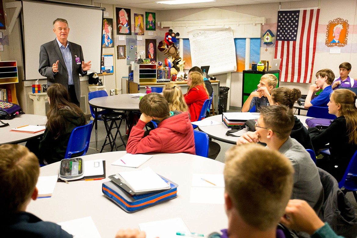 &lt;p&gt;Idaho Lt. Governor Brad Little talks about the role governors play in politics in front of ninth-grade students in a civic/government class on Wednesday at North Idaho STEM Charter Academy in Rathdrum.&lt;/p&gt;