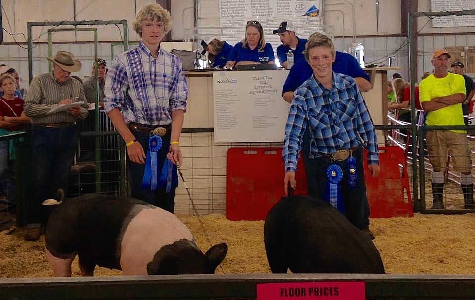 Ty (left) and Colin Miller show their pigs, Hulk and Hobo, at the Grant County Fair.