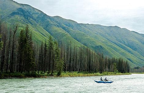 The customized &#147;science raft&#148; from the University of Montana&#146;s Flathead Lake Biological Station takes velocity and depth measurements while floating down the North Fork of the Flathead River in June. A crew has been using the raft to gather information that will be useful for a broad research project on salmon rivers. Chris Jordan/Daily Inter Lake