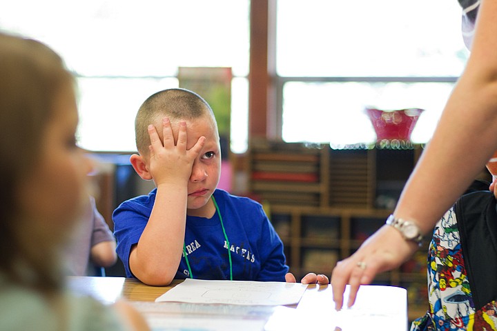 &lt;p&gt;SHAWN GUST/Press Taylor Lomas covers an eye while trying to keep from crying Tuesday as his mother prepares him for his first day of kindergarten at Bryan Elementary School in Coeur d'Alene.&lt;/p&gt;