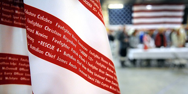 The Flag of Heros was on display on Saturday at the Celebrate America! event in Kalispell. The flag contains the names of police, firefighters and other emergency responders who died in the 9/11 attacks.