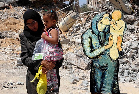 &lt;p&gt;This image made available on Sunday, Sept. 7,by Palestinian artist Basel al-Maqosui, shows a collaboration of a famous painting by Spanish painter, Pablo Picasso, paired with a photograph taken by al-Maqosui of a woman carrying her child as she walks past damages after an Israeli Strike hit the Gaza Strip.&lt;/p&gt;