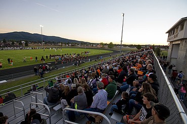 <p>JAKE PARRISH/Press The Post Falls High School's football field stands are packed with fans during the homecoming game against University on Friday.</p>
