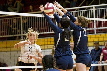 <p>In their first home game in the Northwest Athletic Conference, the North Idaho College volleyball team battles it out with Columbia Basin College on Wednesday, September 14, 2016. The lady Cardinals crushed their competition, defeating Columbia Basin 25-23, 25-13 and 25-16. To purchase photo, please visit www.cdapress.com/photos</p>