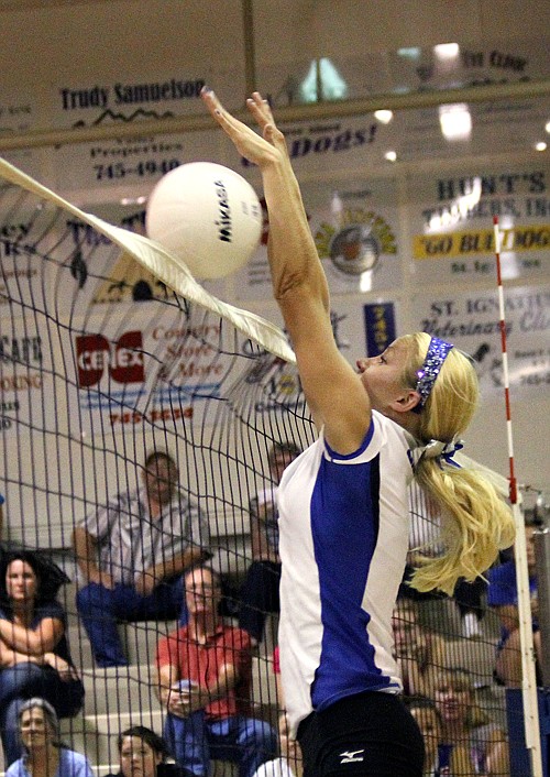 &lt;p&gt;Loren Erickson blocks the ball at the net for the Lady Bulldogs
last Saturday.&lt;/p&gt;