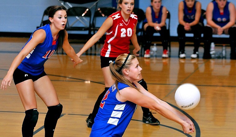 Columbia Falls&#146; Niki Birky makes a dig during the volleyball match with Stillwater Christian at Stillwater on Tuesday.