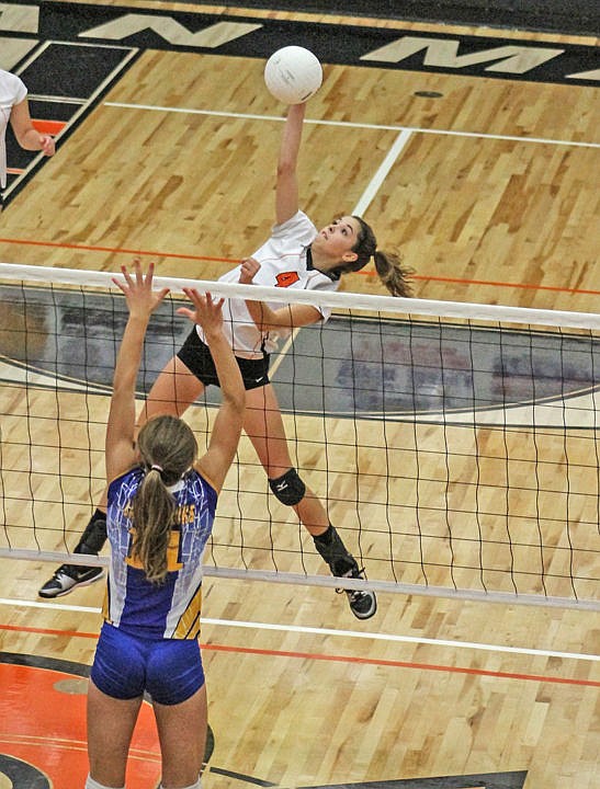 &lt;p&gt;Ronan Maidens Sydnee Clairmont (4) makes contact with the ball during the first set of the Maidens match against the Thompson Falls Bluehawks at Ronan High School Saturday, Sept. 13. The Maidens lost 3-1.&lt;/p&gt;