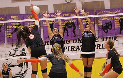 &lt;p&gt;PHS players left to right: Lydia Dupuis awaits as Jaiden &#147;Just Do It&#148; Toth and Lauren &#147;Lickety Split&#148; Lefthand attempt to stop a&#160; spike by Frenchtown outside hitter, Lacey Hochhalter, while middle hitter, Morgan Ray waits.&lt;/p&gt;