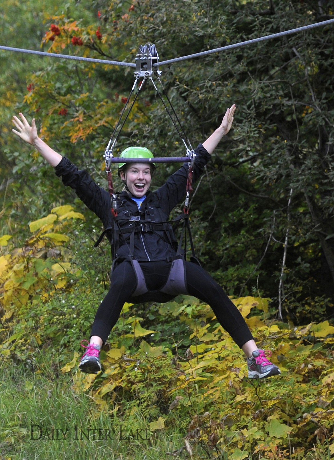 <p>Whitefish Physics student Sarah Latcham goes down a zipline during a field trip at the Whitefish Mountain Resort on Friday. The class collected data to use the rest of the year as they learn about velocity, friction, time, distance and other physics topics. (Aaric Bryan/Daily Inter Lake)</p>